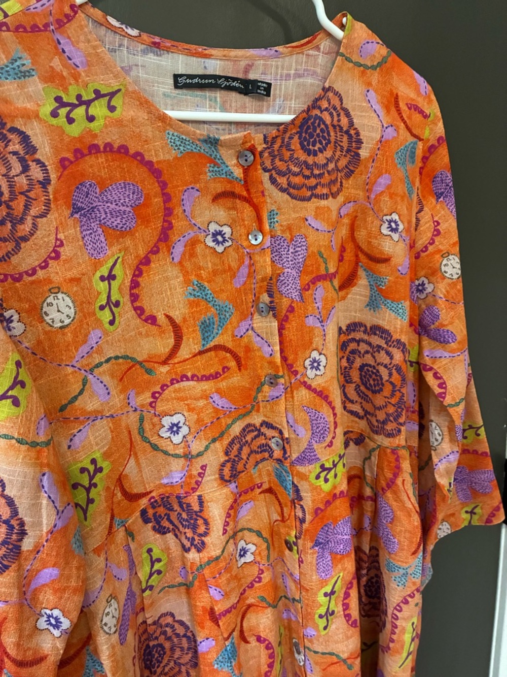 GUDRUN SJODEN like new Orange Floral organic cotton Maxi Dress w Purple Accents - Picture 2 of 9